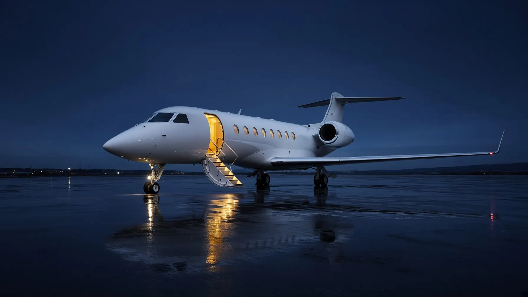 A private jet parked on a quiet apron at dusk